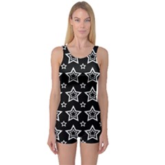 Star Black White Line Space One Piece Boyleg Swimsuit by Alisyart