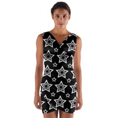 Star Black White Line Space Wrap Front Bodycon Dress