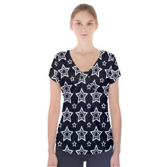 Star Black White Line Space Short Sleeve Front Detail Top