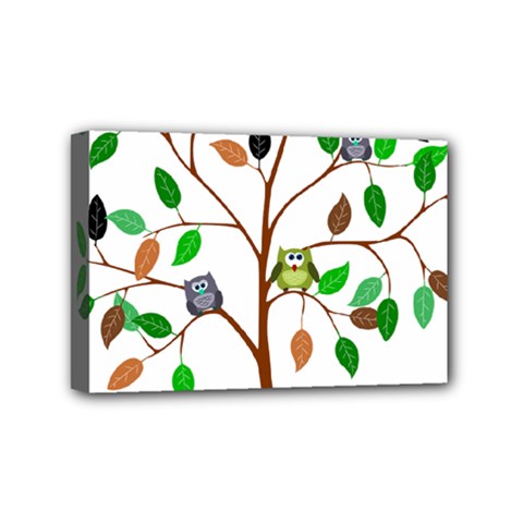 Tree Root Leaves Owls Green Brown Mini Canvas 6  X 4  by Simbadda