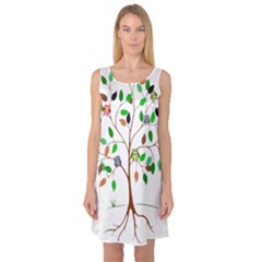 Tree Root Leaves Owls Green Brown Sleeveless Satin Nightdress by Simbadda