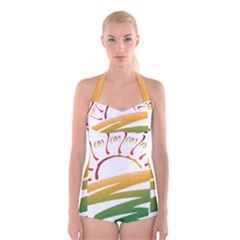 Sunset Spring Graphic Red Gold Orange Green Boyleg Halter Swimsuit 