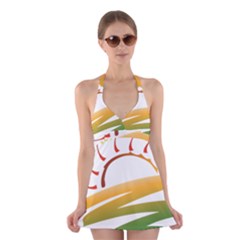 Sunset Spring Graphic Red Gold Orange Green Halter Swimsuit Dress