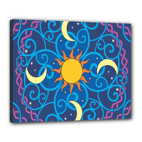 Sun Moon Star Space Purple Pink Blue Yellow Wave Canvas 20  X 16 