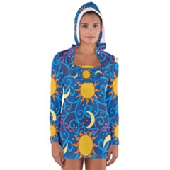 Sun Moon Star Space Purple Pink Blue Yellow Wave Women s Long Sleeve Hooded T-shirt by Alisyart