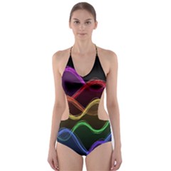 Twizzling Brain Waves Neon Wave Rainbow Color Pink Red Yellow Green Purple Blue Black Cut-out One Piece Swimsuit