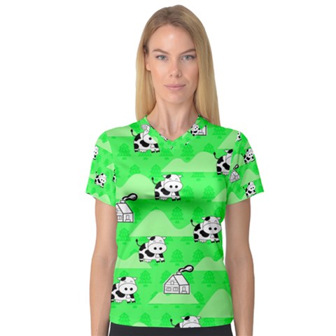 Animals Cow Home Sweet Tree Green Women s V-neck Sport Mesh Tee by Alisyart