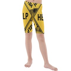 Caution Road Sign Help Cross Yellow Kids  Mid Length Swim Shorts by Alisyart