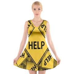 Caution Road Sign Help Cross Yellow V-neck Sleeveless Skater Dress