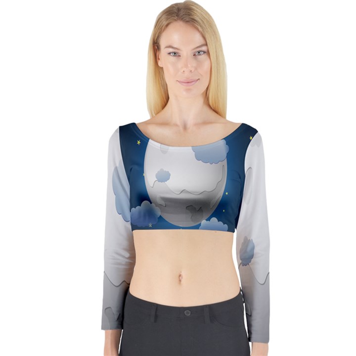 Cloud Moon Star Blue Sky Night Light Long Sleeve Crop Top