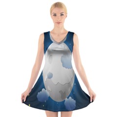 Cloud Moon Star Blue Sky Night Light V-neck Sleeveless Skater Dress by Alisyart