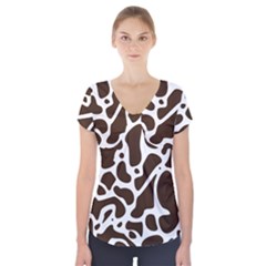 Dalmantion Skin Cow Brown White Short Sleeve Front Detail Top