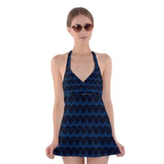 Colored Line Light Triangle Plaid Blue Black Halter Swimsuit Dress by Alisyart