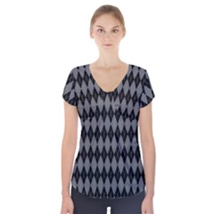 Chevron Wave Line Grey Black Triangle Short Sleeve Front Detail Top