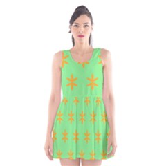 Flower Floral Different Colours Green Orange Scoop Neck Skater Dress