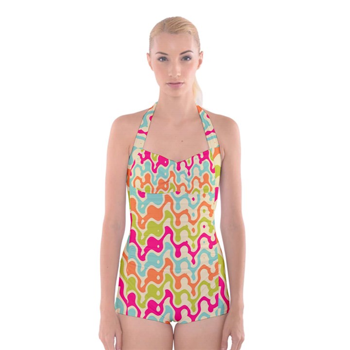 Abstract Pattern Colorful Wallpaper Boyleg Halter Swimsuit 