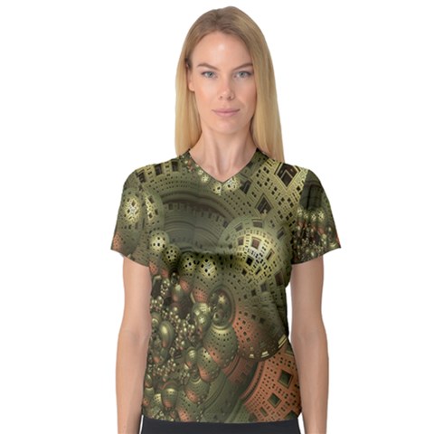 Geometric Fractal Cuboid Menger Sponge Geometry Women s V-neck Sport Mesh Tee by Simbadda