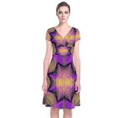 Pattern Design Geometric Decoration Short Sleeve Front Wrap Dress by Simbadda