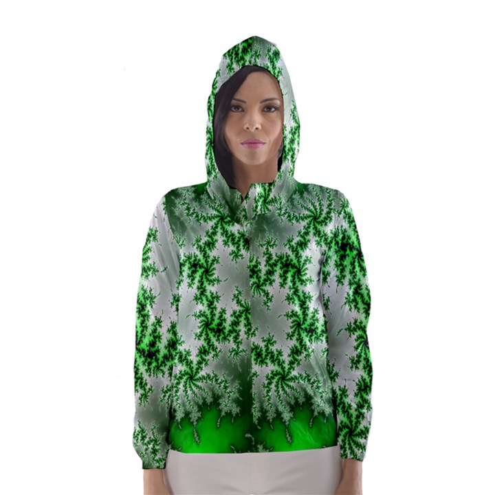 Green Fractal Background Hooded Wind Breaker (Women)