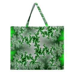 Green Fractal Background Zipper Large Tote Bag by Simbadda