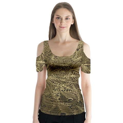 Peacock Metal Tray Butterfly Sleeve Cutout Tee  by Simbadda