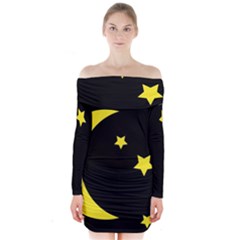 Moon Star Light Black Night Yellow Long Sleeve Off Shoulder Dress by Alisyart