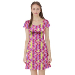 Pink Yelllow Line Light Purple Vertical Short Sleeve Skater Dress