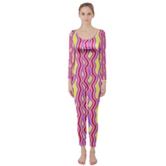 Pink Yelllow Line Light Purple Vertical Long Sleeve Catsuit