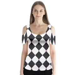 Plaid Triangle Line Wave Chevron Black White Red Beauty Argyle Butterfly Sleeve Cutout Tee 