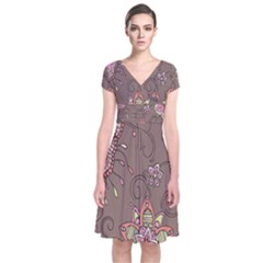 Ice Cream Flower Floral Rose Sunflower Leaf Star Brown Short Sleeve Front Wrap Dress by Alisyart