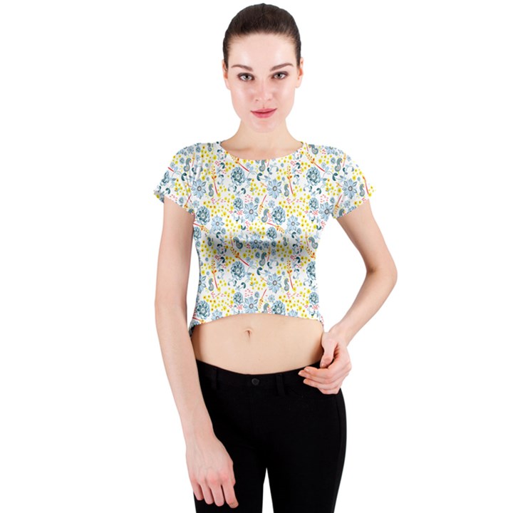 Flower Floral Bird Peacok Sunflower Star Leaf Rose Crew Neck Crop Top