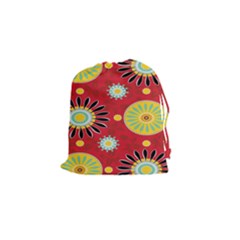 Sunflower Floral Red Yellow Black Circle Drawstring Pouches (small) 