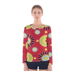 Sunflower Floral Red Yellow Black Circle Women s Long Sleeve Tee