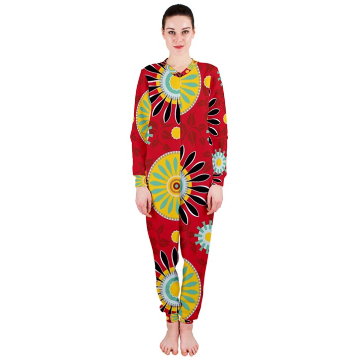 Sunflower Floral Red Yellow Black Circle OnePiece Jumpsuit (Ladies) 