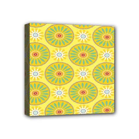 Sunflower Floral Yellow Blue Circle Mini Canvas 4  X 4 