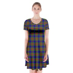 Tartan Fabrik Plaid Color Rainbow Short Sleeve V-neck Flare Dress by Alisyart