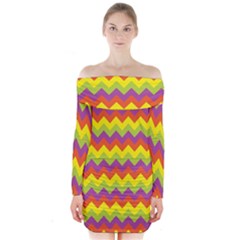 Colorful Zigzag Stripes Background Long Sleeve Off Shoulder Dress by Simbadda