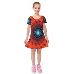 Red Fractal Spiral Kids  Short Sleeve Velvet Dress by Simbadda