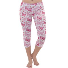 Cute Pink Flowers And Butterflies Pattern  Capri Yoga Leggings