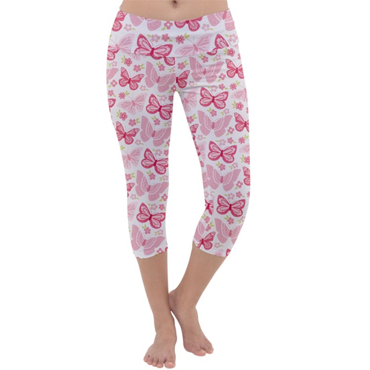 Cute Pink Flowers And Butterflies pattern  Capri Yoga Leggings