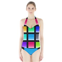 Colorful Background Squares Halter Swimsuit by Simbadda