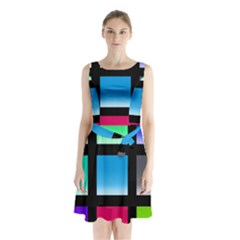 Colorful Background Squares Sleeveless Chiffon Waist Tie Dress by Simbadda