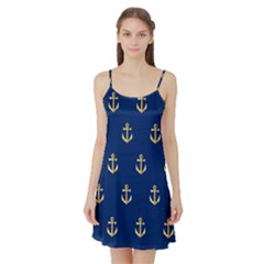 Gold Anchors On Blue Background Pattern Satin Night Slip by Simbadda