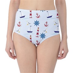 Seaside Nautical Themed Pattern Seamless Wallpaper Background High-waist Bikini Bottoms by Simbadda