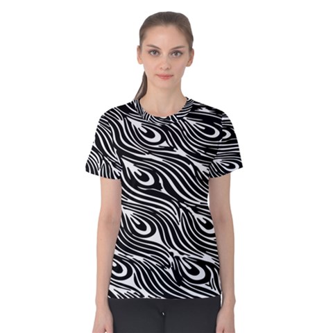 Digitally Created Peacock Feather Pattern In Black And White Women s Cotton Tee by Simbadda