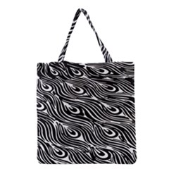 Digitally Created Peacock Feather Pattern In Black And White Grocery Tote Bag by Simbadda