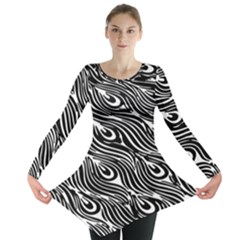 Digitally Created Peacock Feather Pattern In Black And White Long Sleeve Tunic  by Simbadda