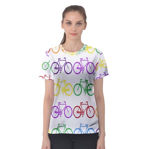 Rainbow Colors Bright Colorful Bicycles Wallpaper Background Women s Sport Mesh Tee by Simbadda
