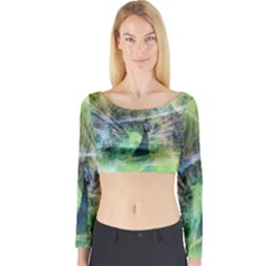 Digitally Painted Abstract Style Watercolour Painting Of A Peacock Long Sleeve Crop Top by Simbadda