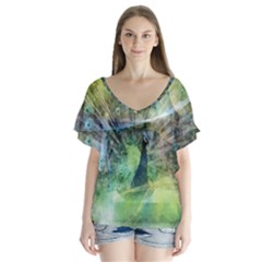 Digitally Painted Abstract Style Watercolour Painting Of A Peacock Flutter Sleeve Top by Simbadda